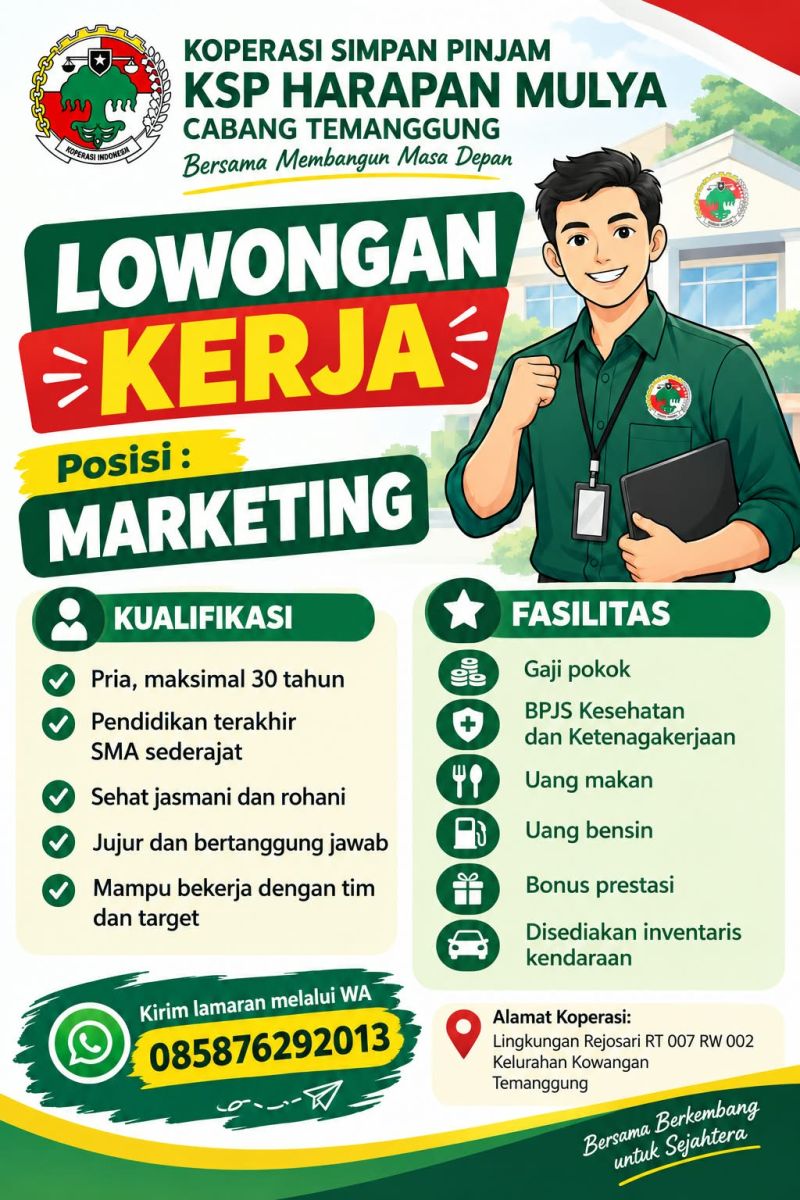 LOWONGAN KERJA KSP HARAPAN MULYA TEMANGGUNG